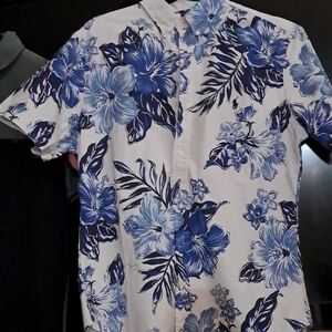 Blue and White Tropical Floral Casual Shirt